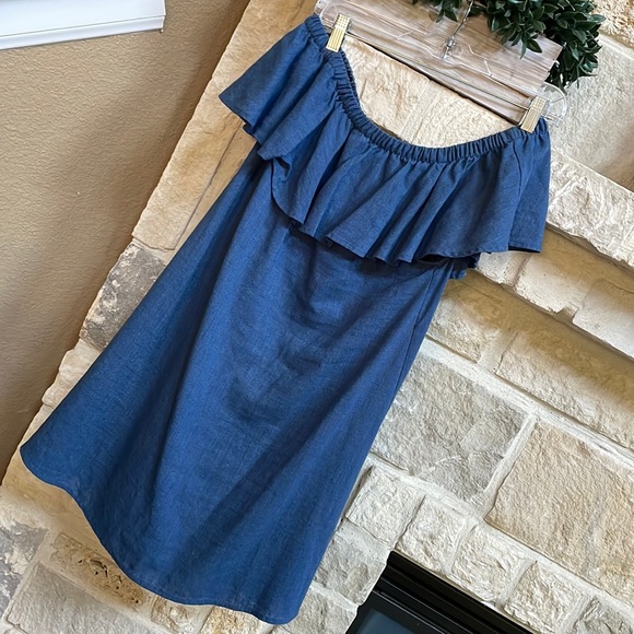 Madewell off the shoulder Chambray blue mini dress. Excellent condition . SZ M - Picture 1 of 5